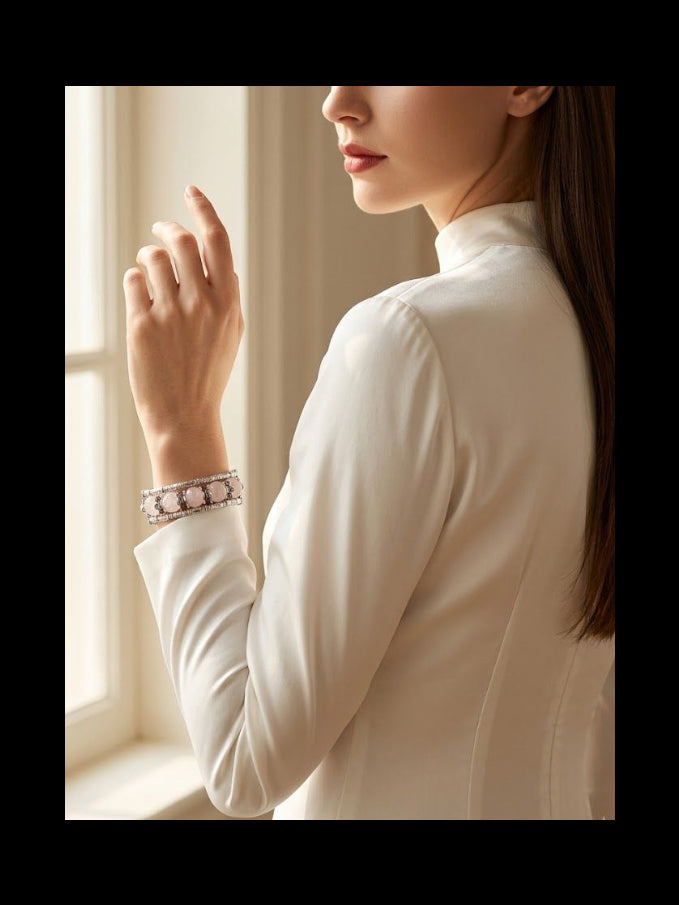 A woman in a white high-neck long-sleeve dress is shown from the side and back, wearing a delicate silver-toned cuff bracelet with pink gemstones, standing near a softly lit window.