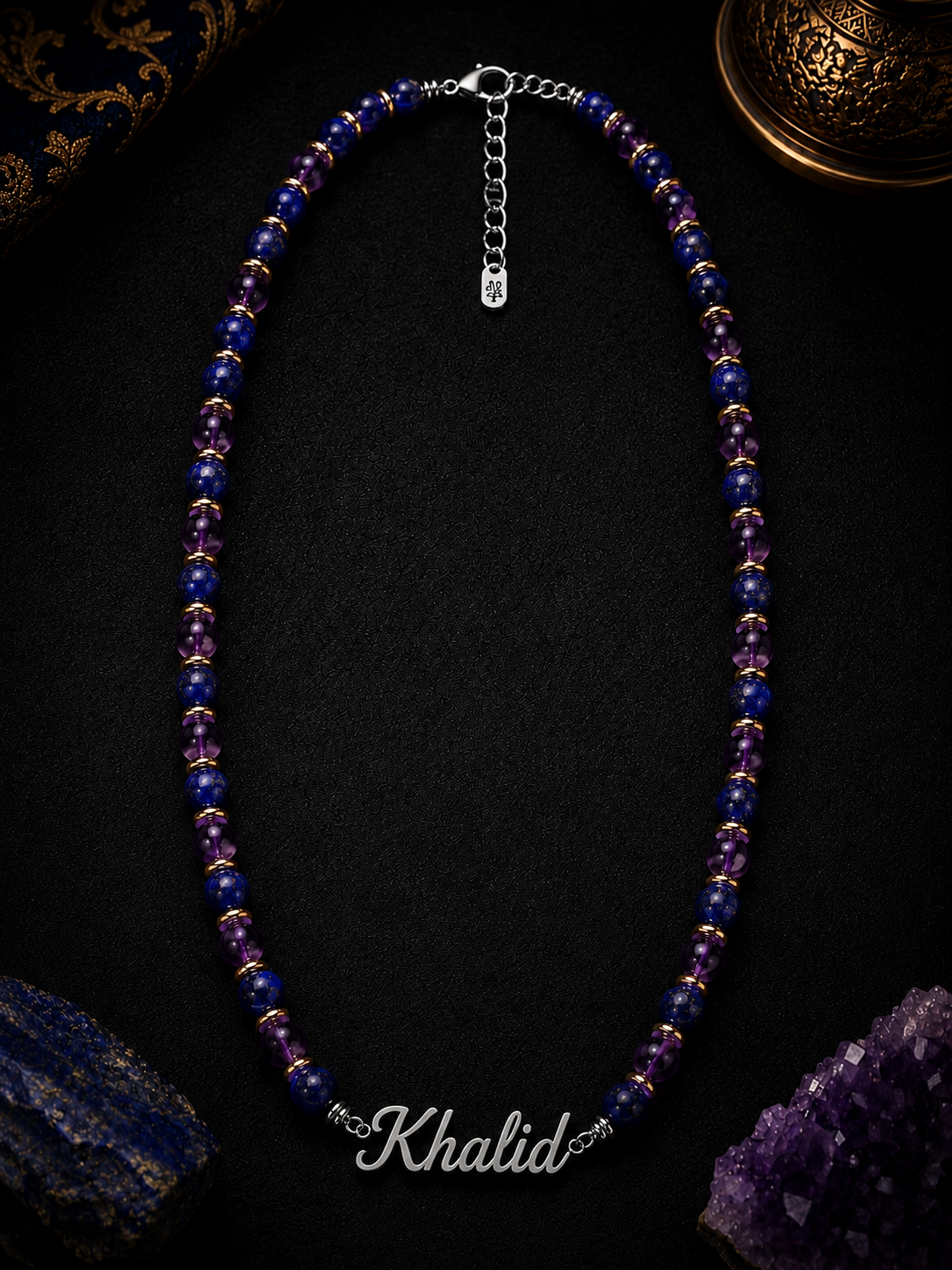 Lapis Lazuli & Amethyst Custom Name Necklace Men