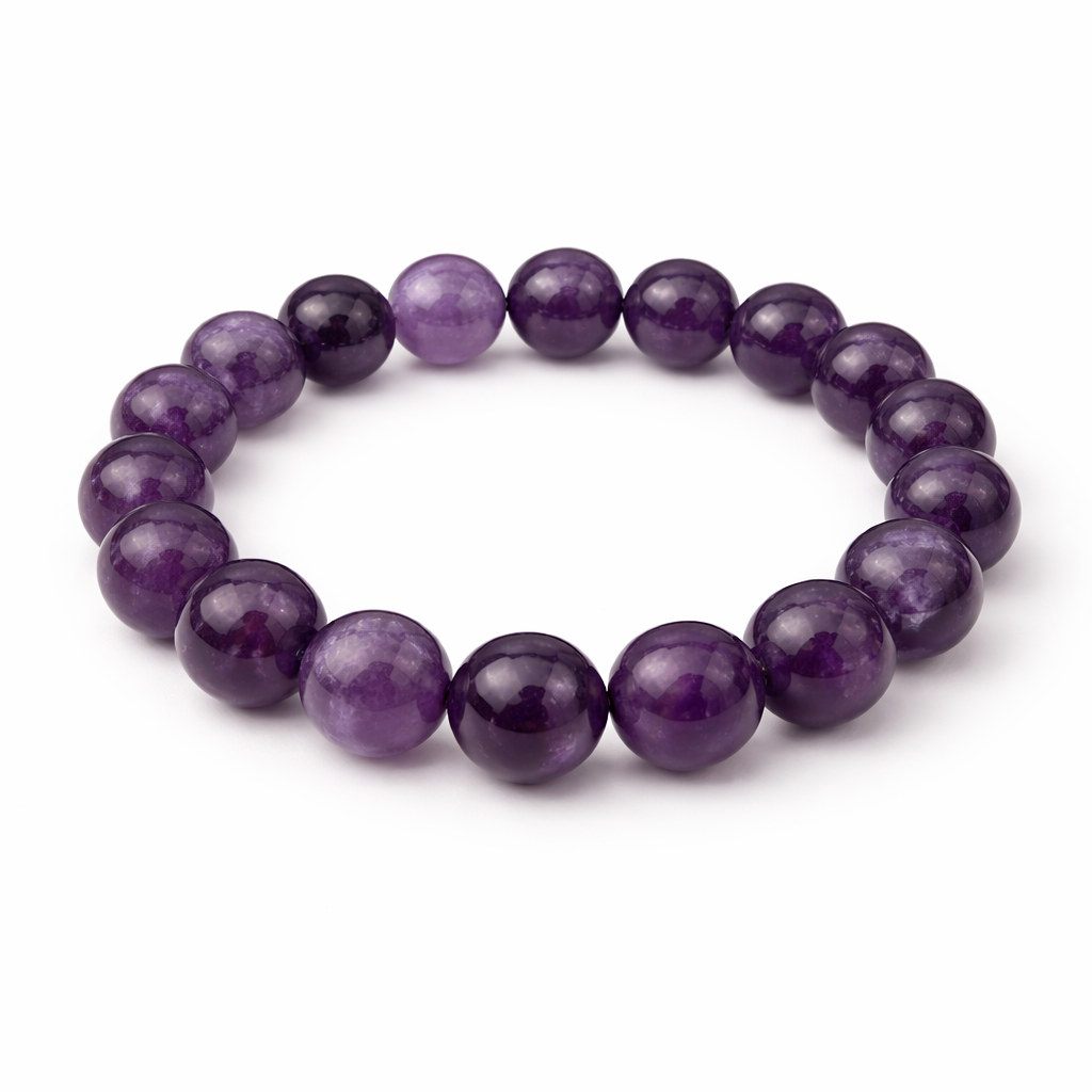 Purple beaded bracelet on a white background