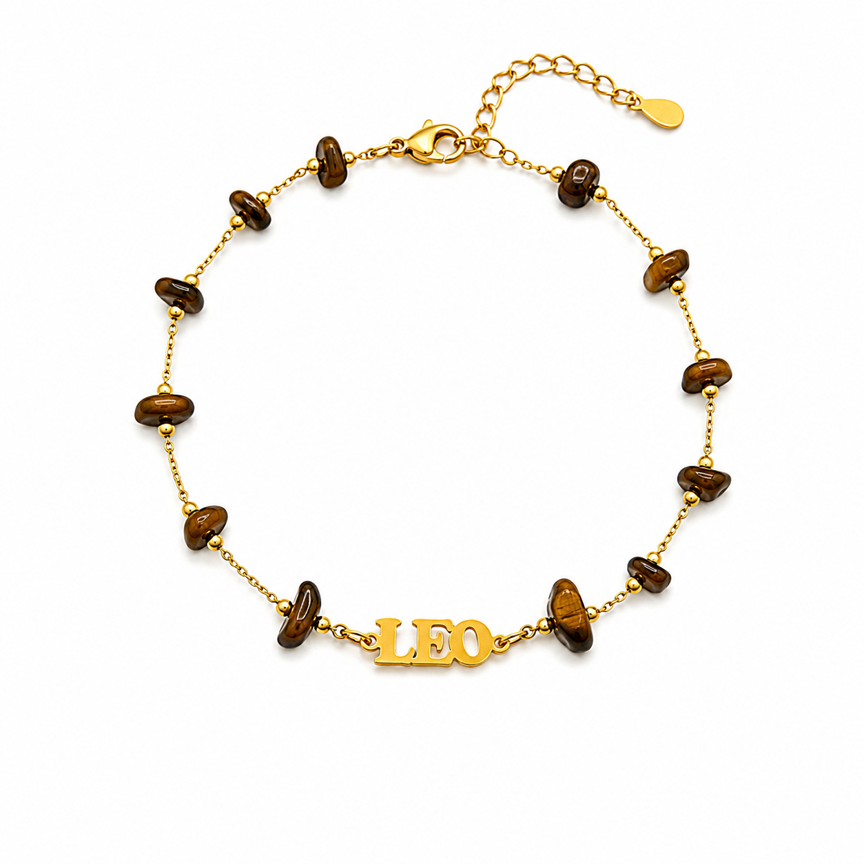 Gold bracelet with brown beads and 'LEO' charm on a white background
