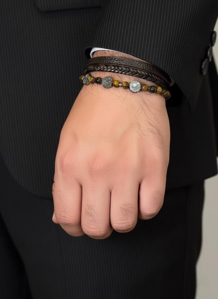 mens leather and stone combo bracelet