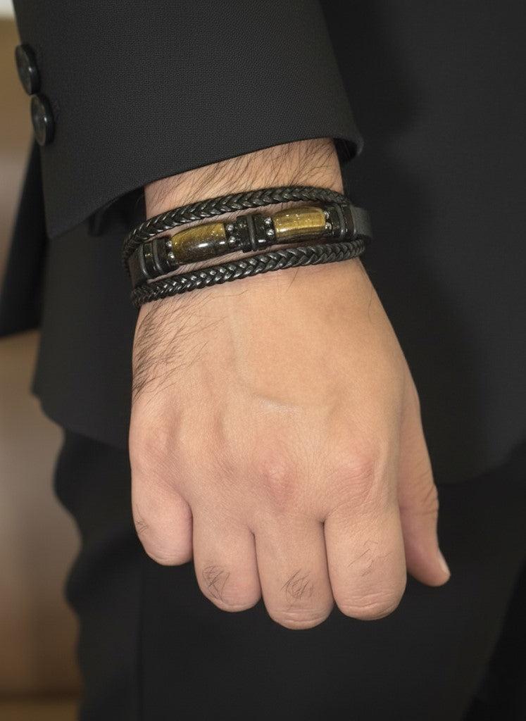 steel and leather tiger eye bracelet