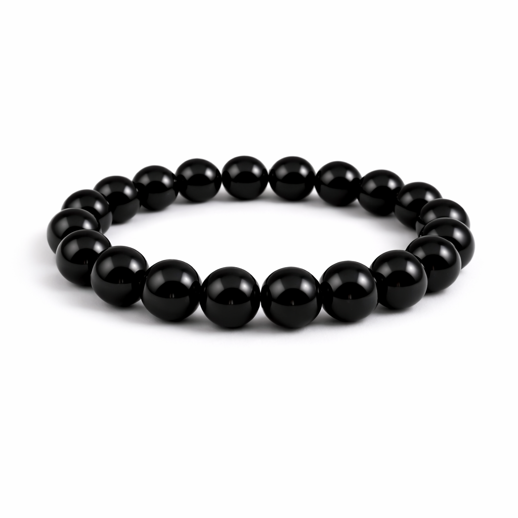 Black beaded bracelet on a white background
