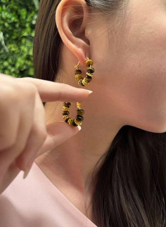 Tiger Eye & Gold Accent Hoop Earrings - Fierce Loop Hoops