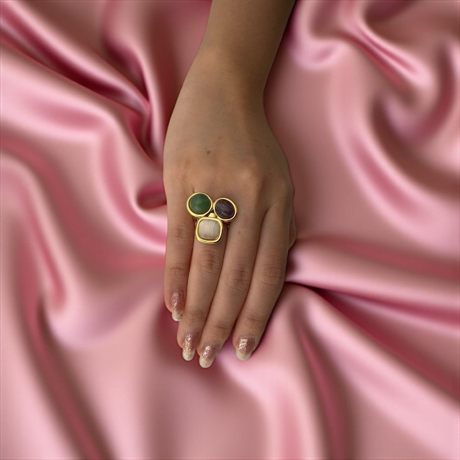 Celestial Moonstone & Green Aventurine Ring – Heal, Protect & Awaken