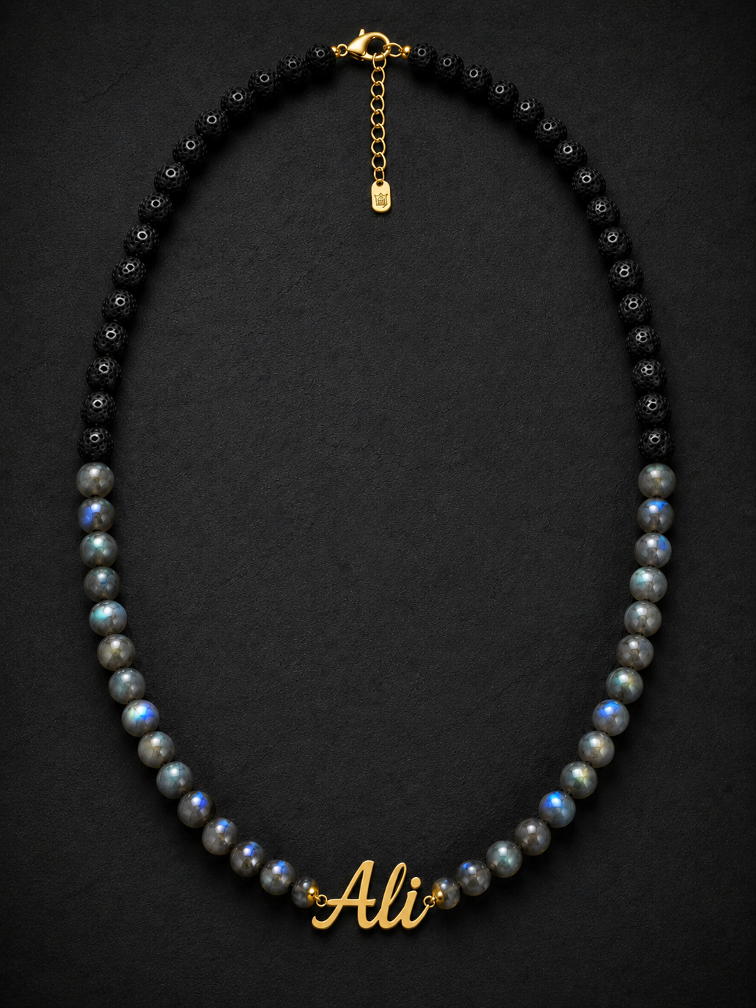 Labradorite & Black Lava Custom Name Necklace for Men