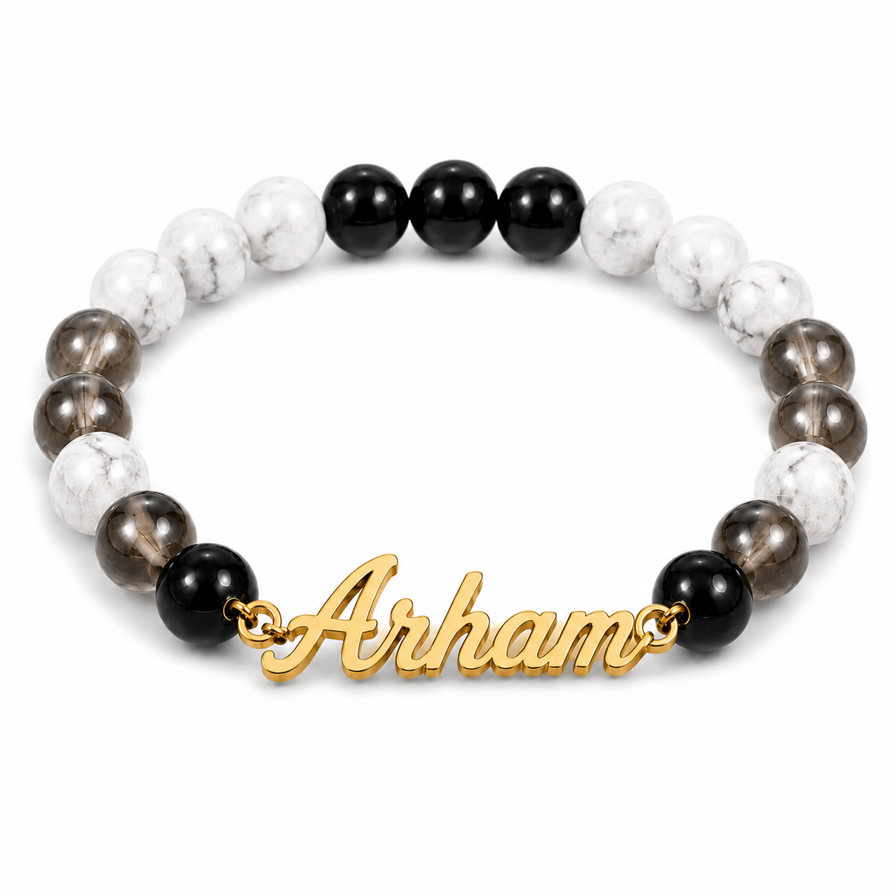 Bracelet with multicolored beads and a gold nameplate on a white background