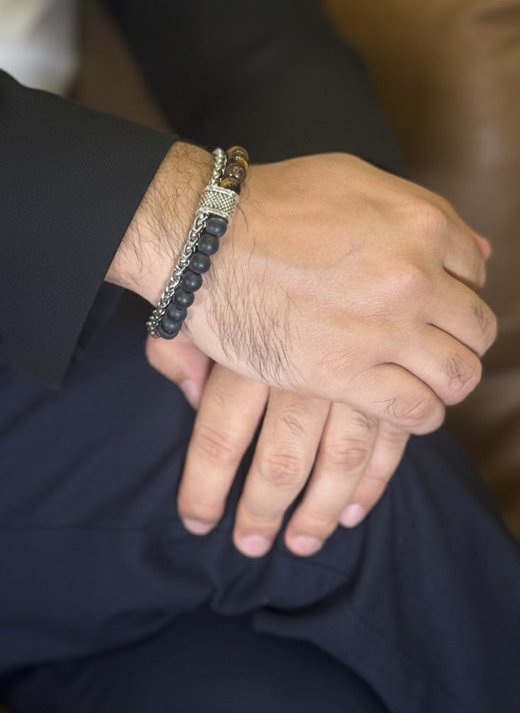 tiger eye and black onyx mens bracelet