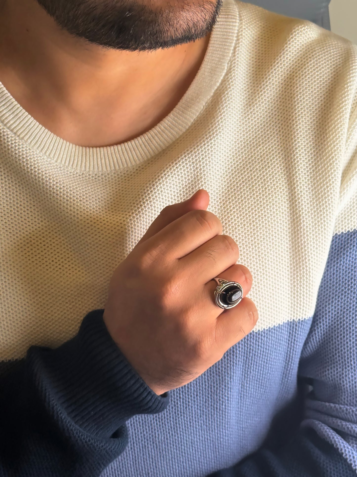 Man wearing natural Turquoise male ring with silver finish