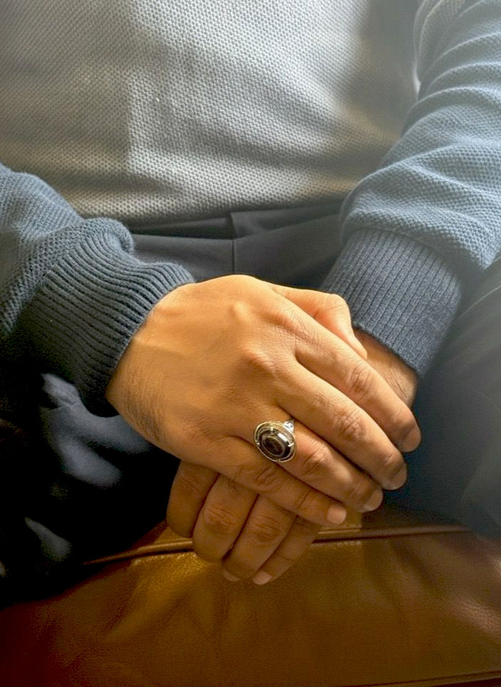 Blue Turquoise men’s ring shown with casual outfit