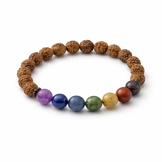 Bracelet with brown wooden beads and colorful gemstones on a white background