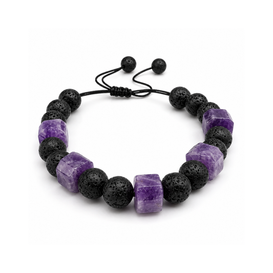 Bracelet with purple and black beads on a white background