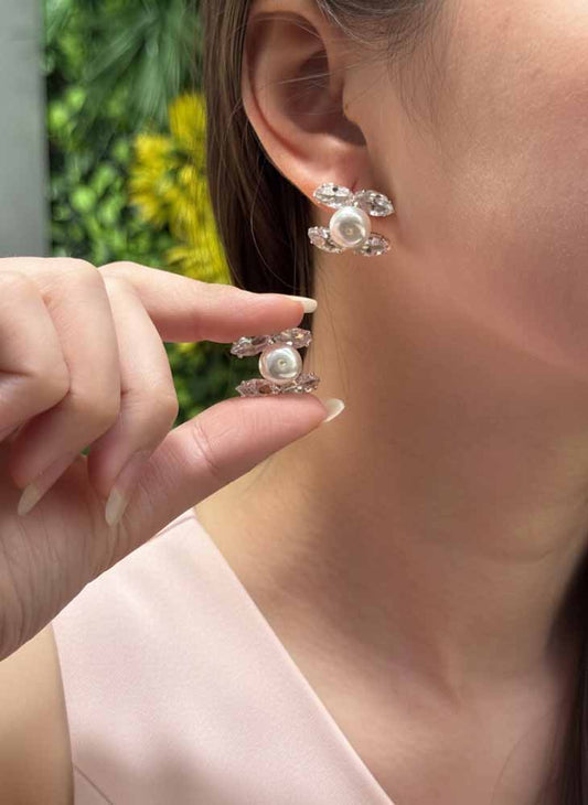 Crystal Pearl Studs Earrings - Crystal Bloom Studs