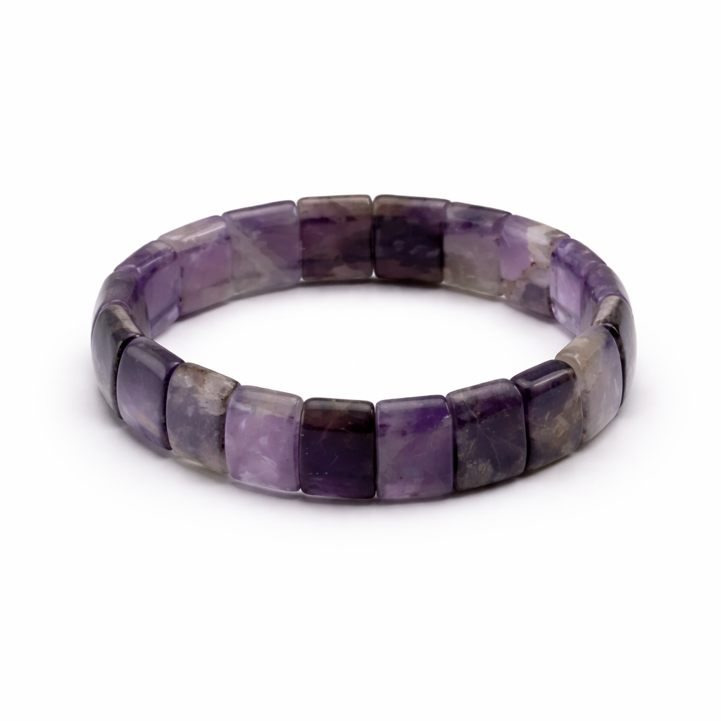 Purple beaded bracelet on a white background
