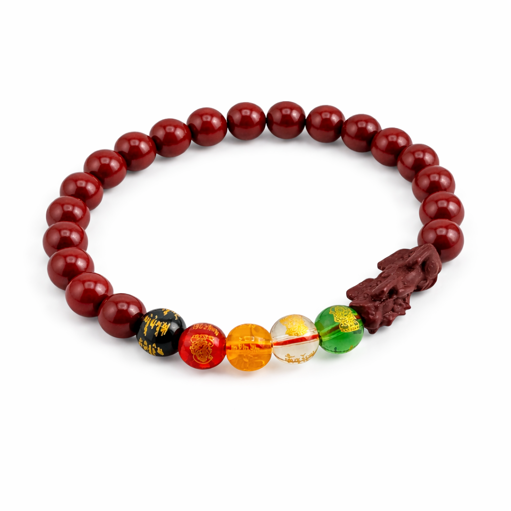 Bracelet with red beads and colorful marbled beads on a white background