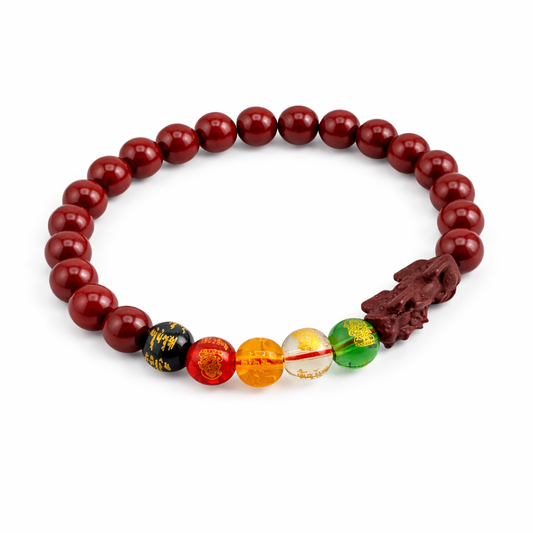 Bracelet with red beads and colorful marbled beads on a white background