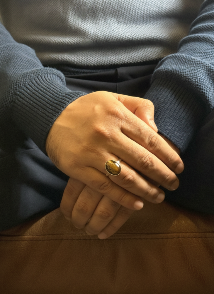 Golden Tiger Eye mens ring displayed on hand