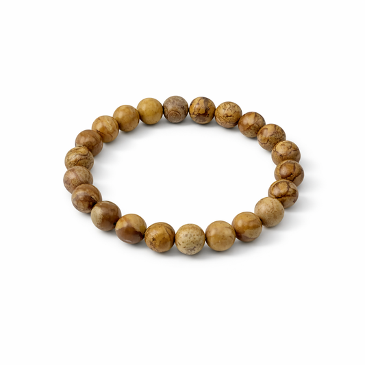 Wooden beaded bracelet on a white background