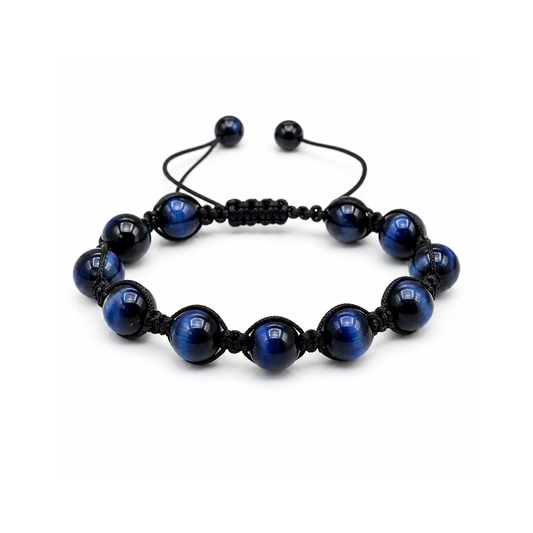 Blue beaded bracelet on a white background