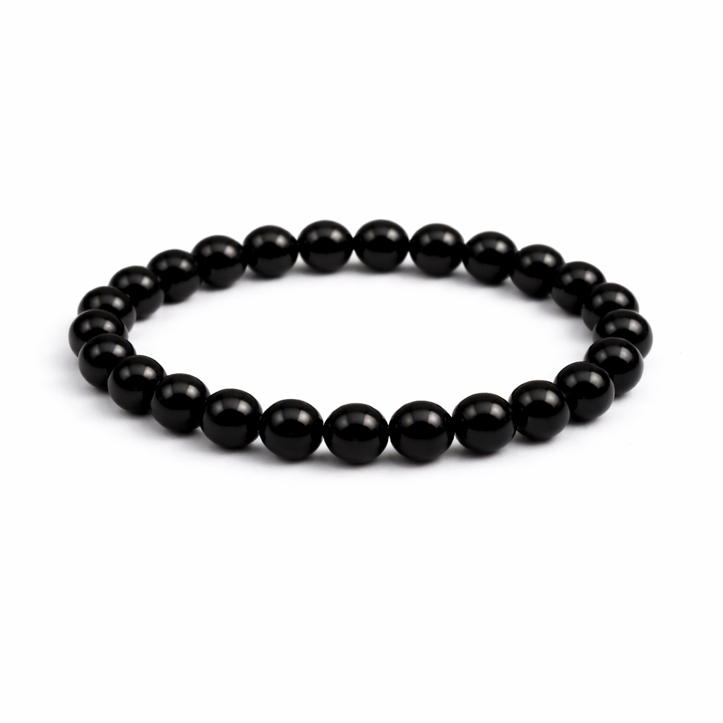 Black beaded bracelet on a white background