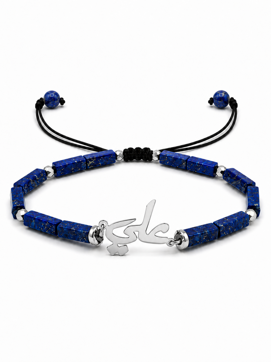 Blue beaded bracelet with a silver 'love' charm on a white background