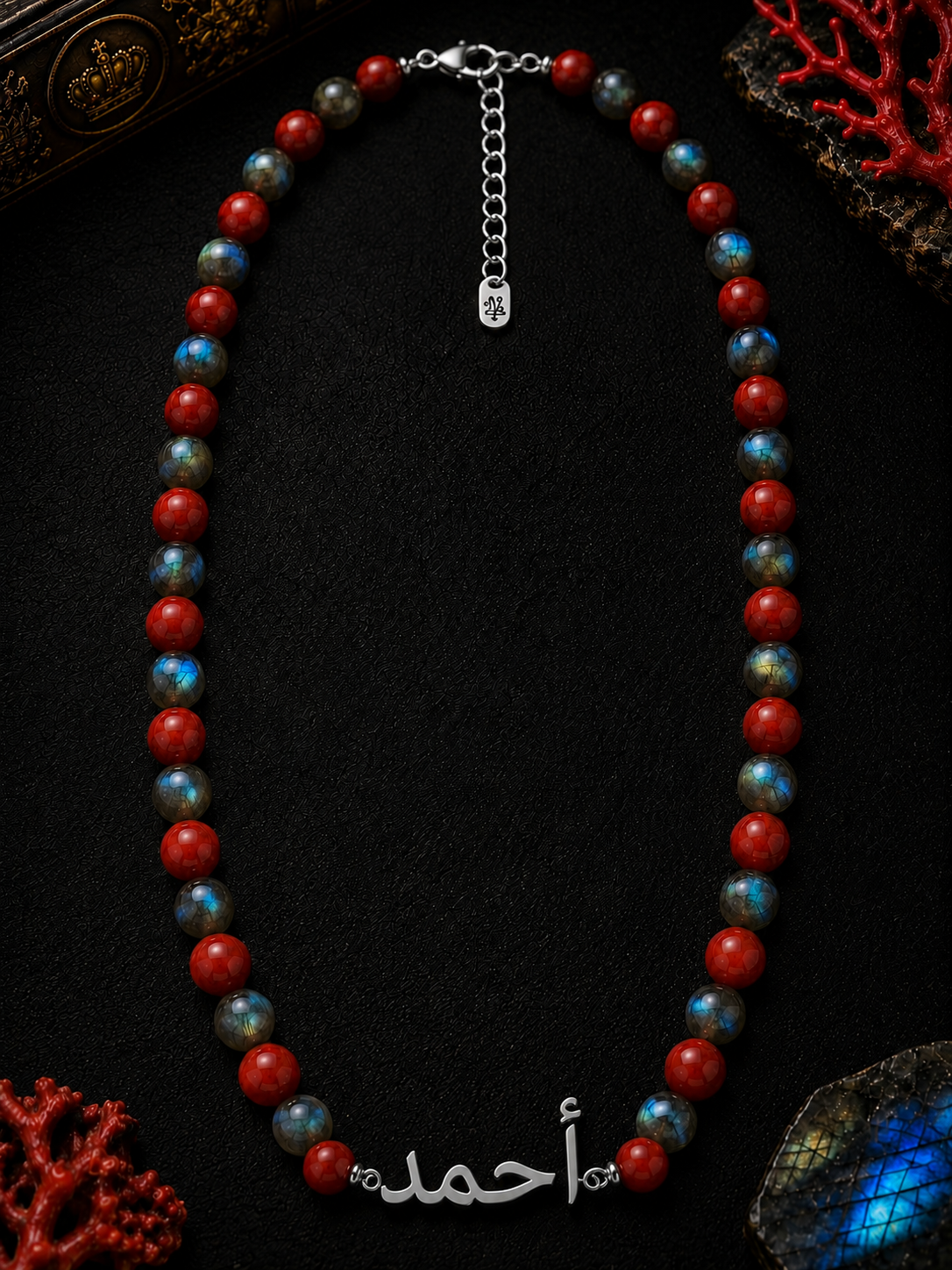 Red Coral & Labradorite Custom Name Necklace Men