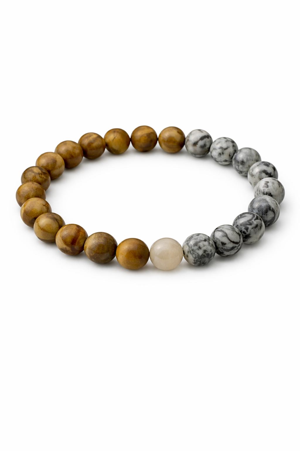 Beaded bracelet with brown, white, and gray beads on a white background