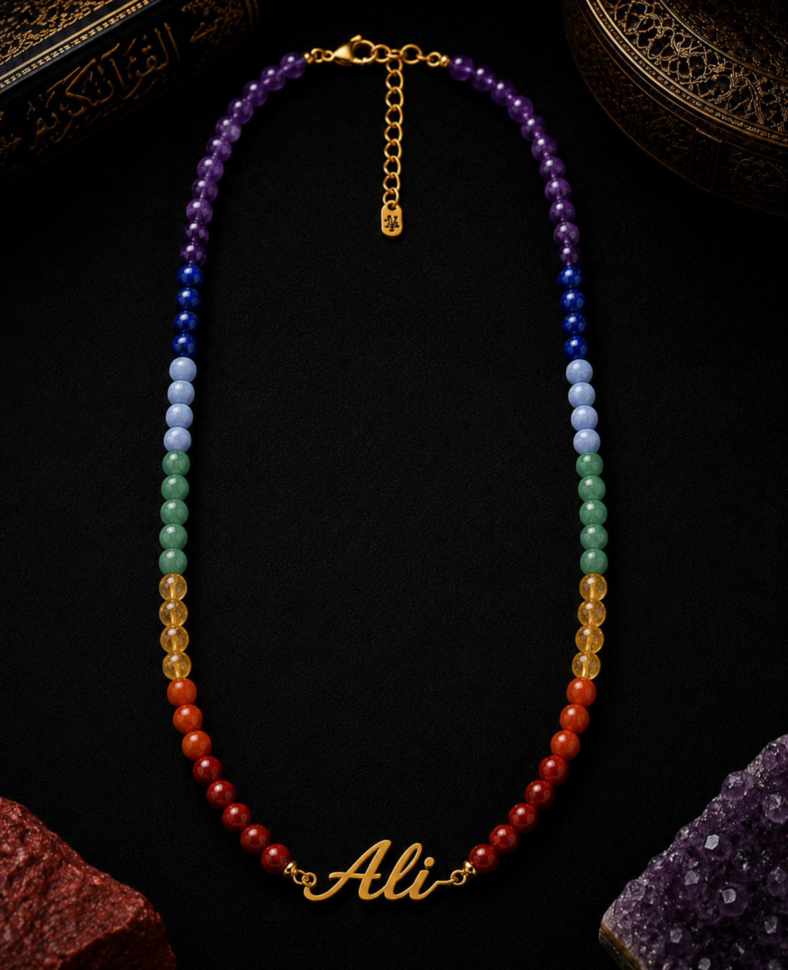 Colorful beaded necklace with 'Ali' pendant on a dark background