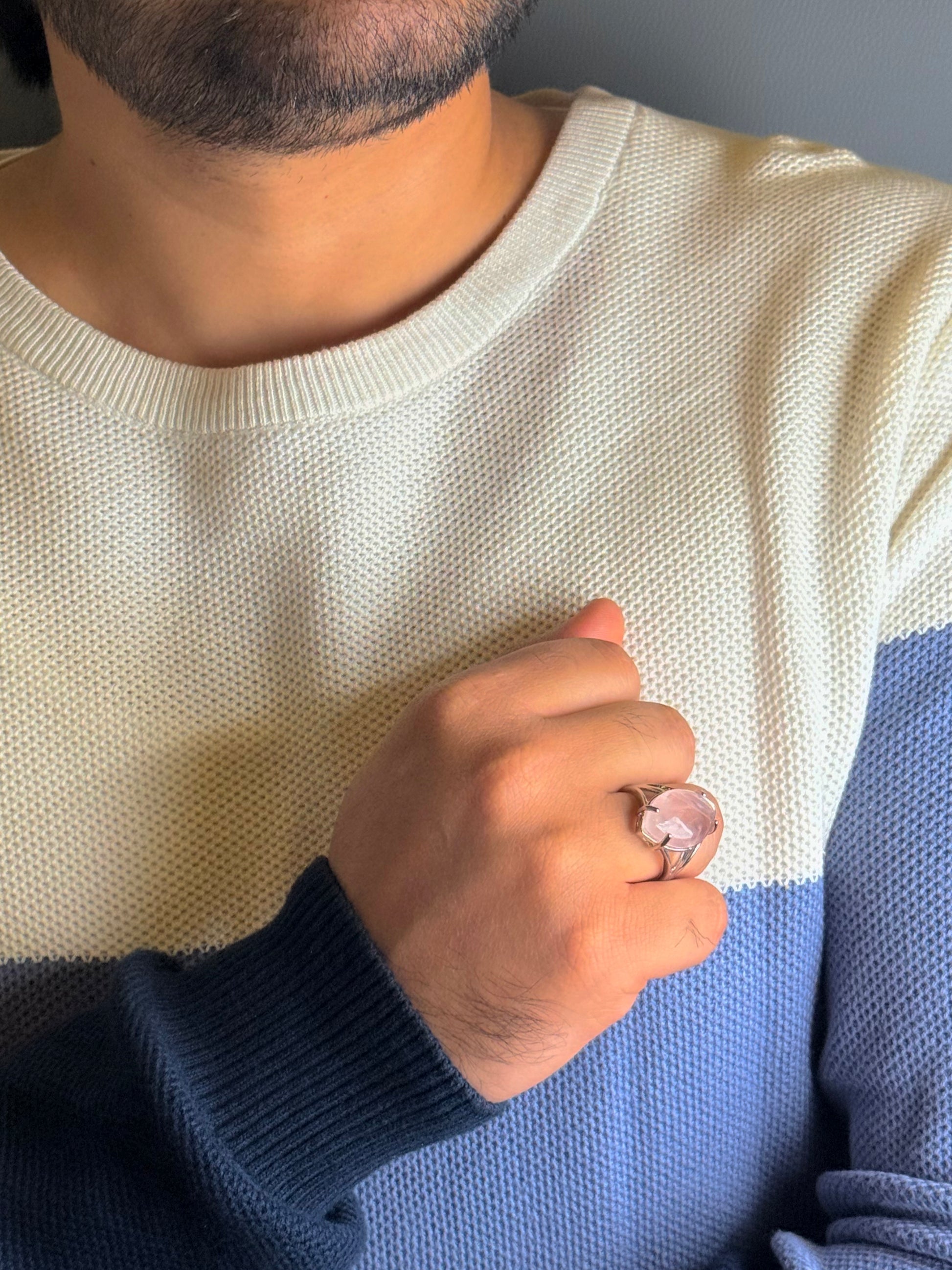 Man wearing Rose Quartz male ring in silver finish