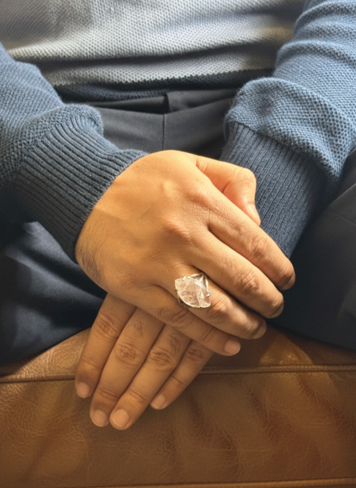 Mens Rose Quartz ring worn with knitted sweater