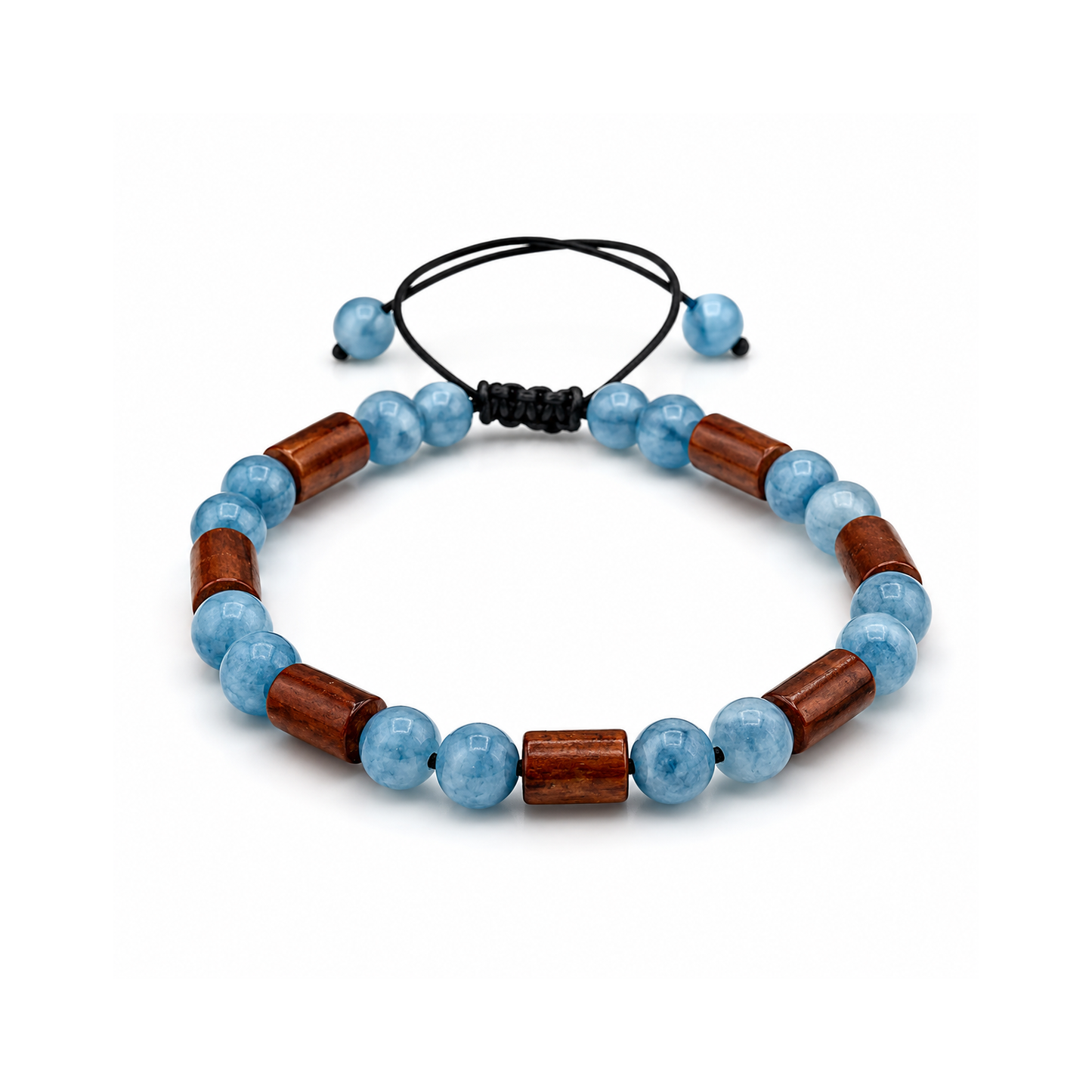 Bracelet with blue beads and wooden accents on a white background