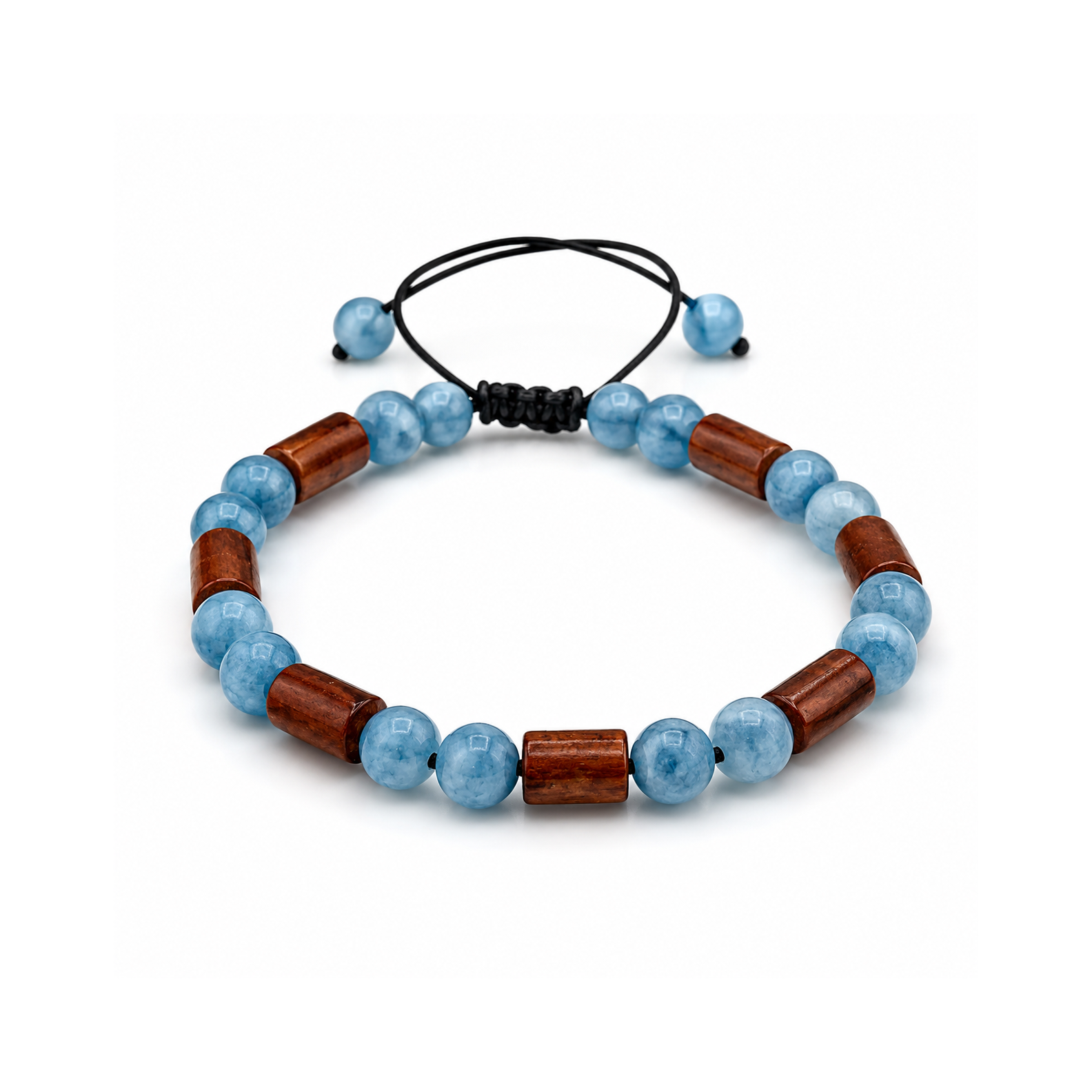 Bracelet with blue beads and wooden accents on a white background