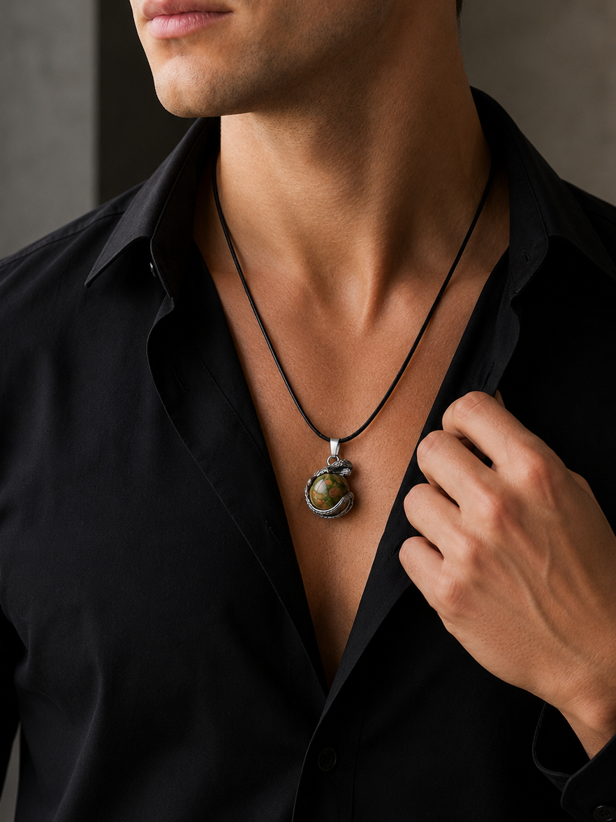 Unakite Serpent Guardian Men's Pendant Necklace