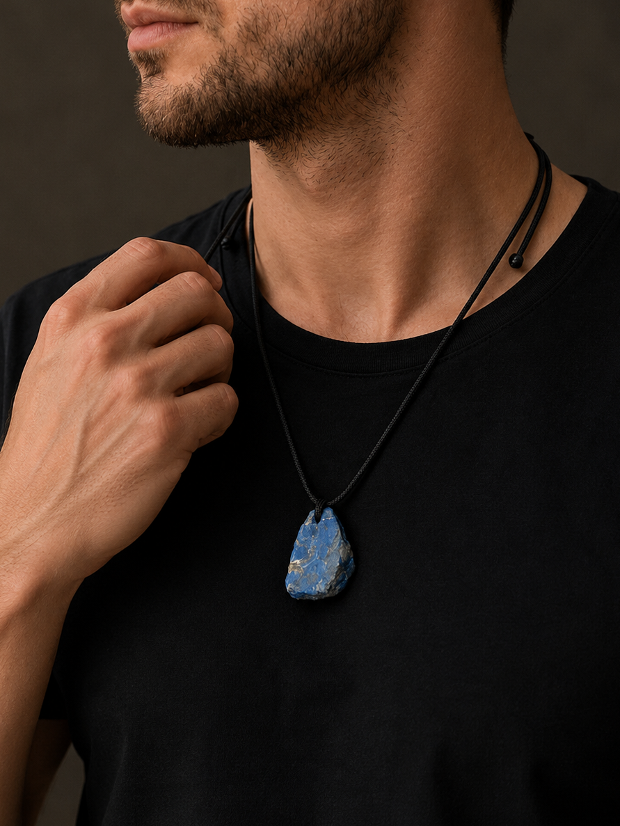 Man wearing a black shirt with a blue pendant necklace against a dark background
