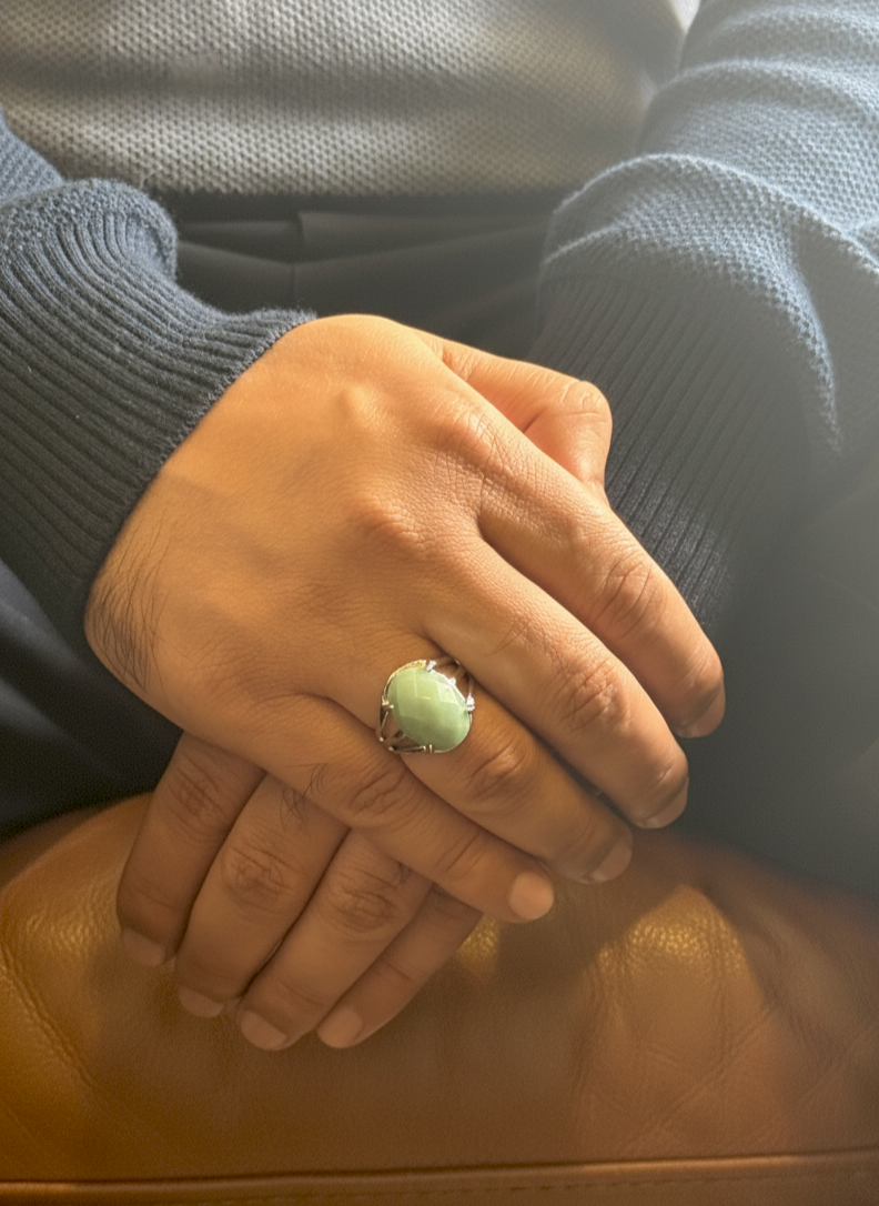 Mens Amazonite ring displayed with knitted sweater