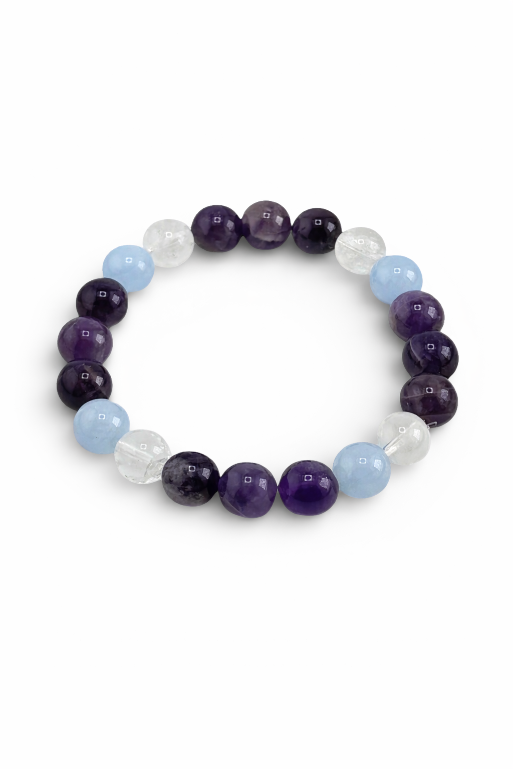 Beaded bracelet with purple, white, and blue beads on a white background
