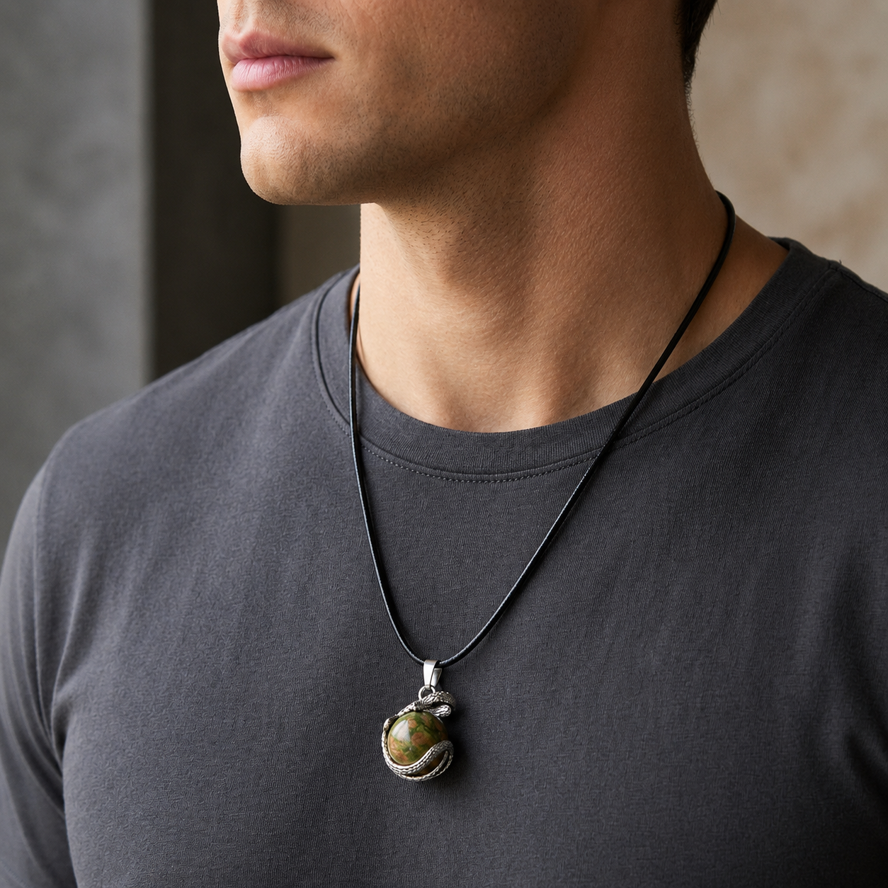 A close-up of a man wearing a silver snake pendant necklace with a green and gold stone, styled with a dark gray t-shirt.