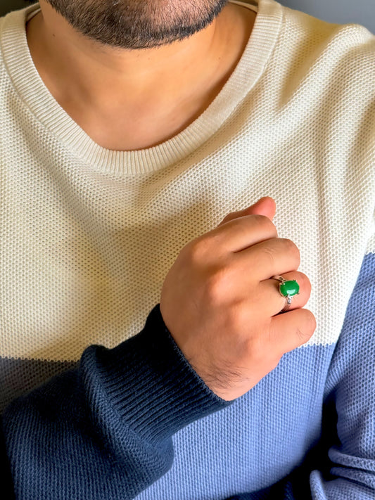 Man wearing Green Aventurine male ring in silver finish
