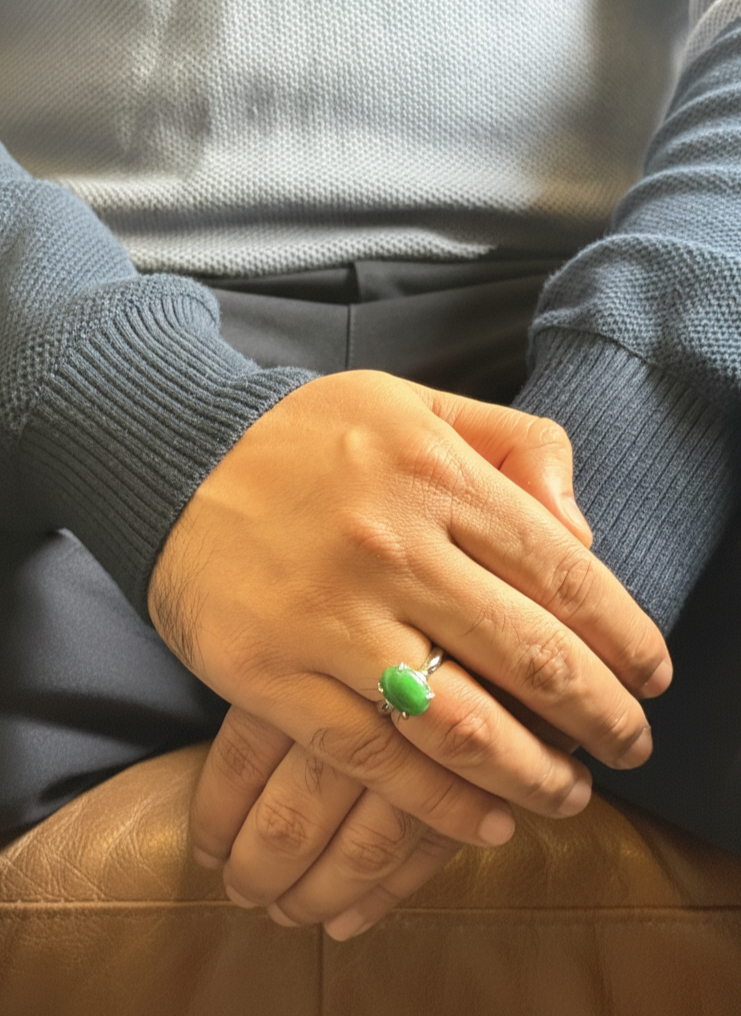 Polished Green Aventurine mens ring worn casually