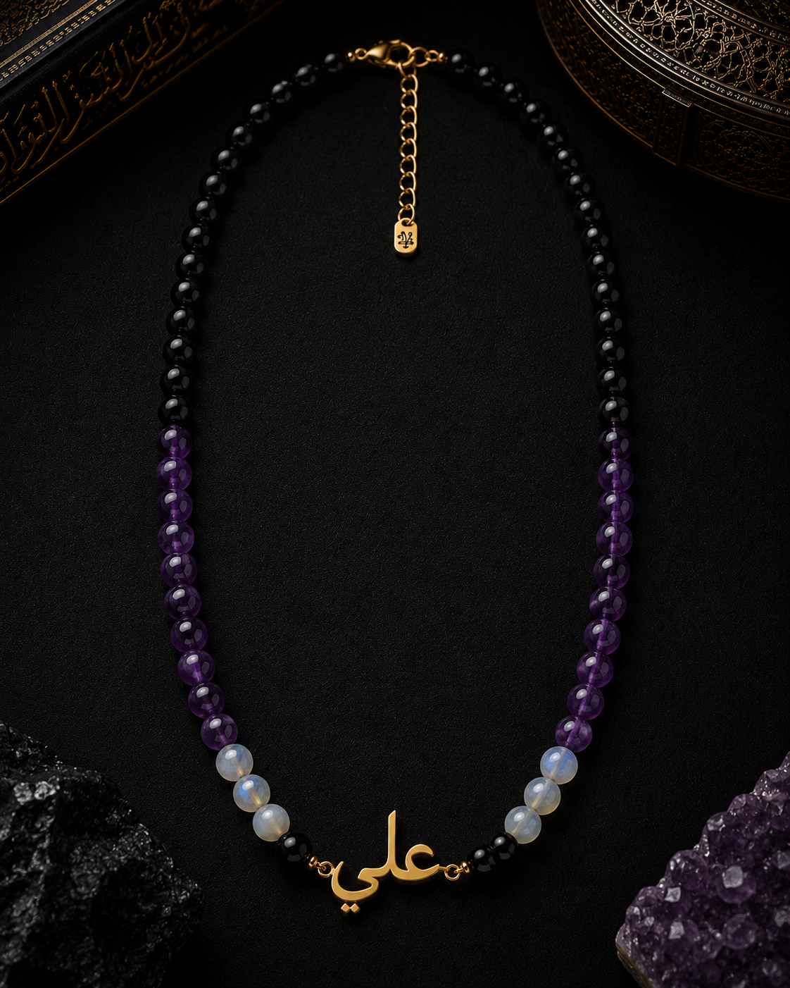 Necklace with beads and gold accents on a dark background