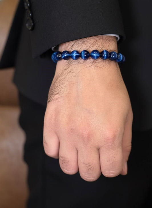 navy blue tiger eye beads on wrist