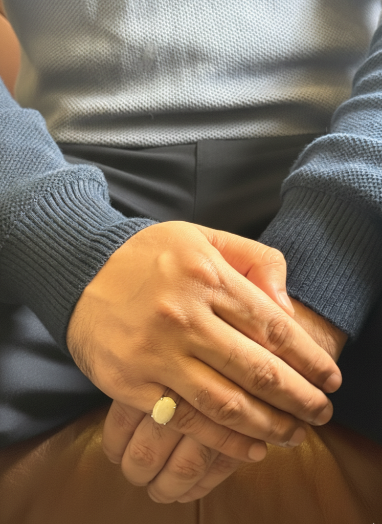 Mens White Agate ring shown with knitted sweater