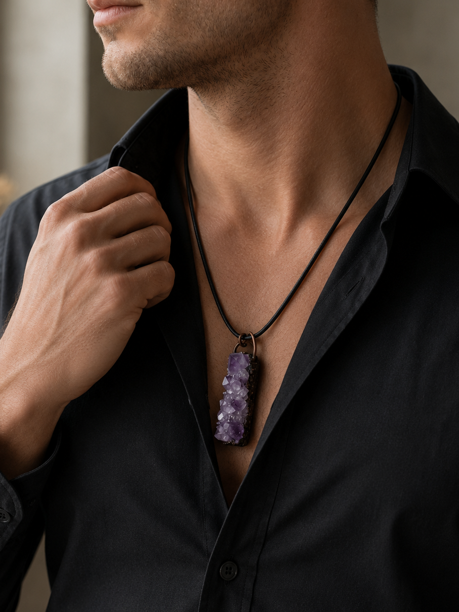 Man wearing a black shirt with a purple pendant necklace.