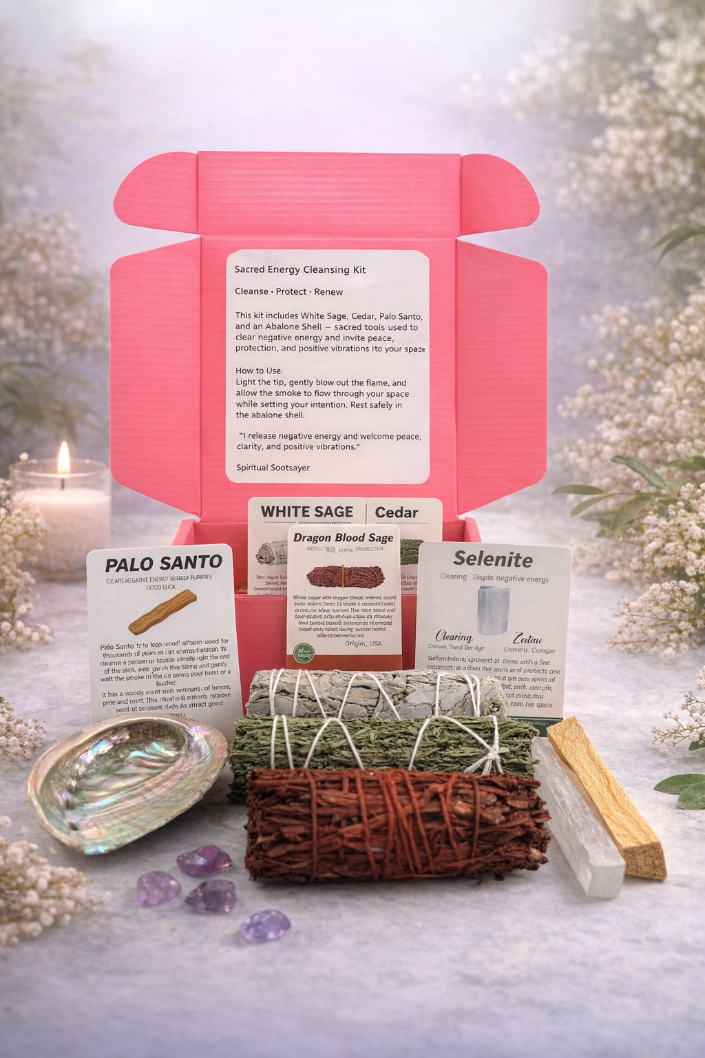 Sage Smudging Kit with pink packaging, white sage, cedar, palo santo, and selenite on a light background.