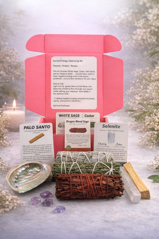 Sage Smudging Kit with pink packaging, white sage, cedar, palo santo, and selenite on a light background.