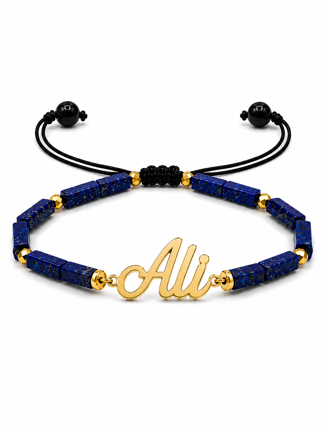 Bracelet with blue beads and gold 'Ali' charm on a white background