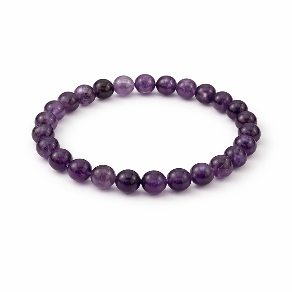 Purple beaded bracelet on a white background