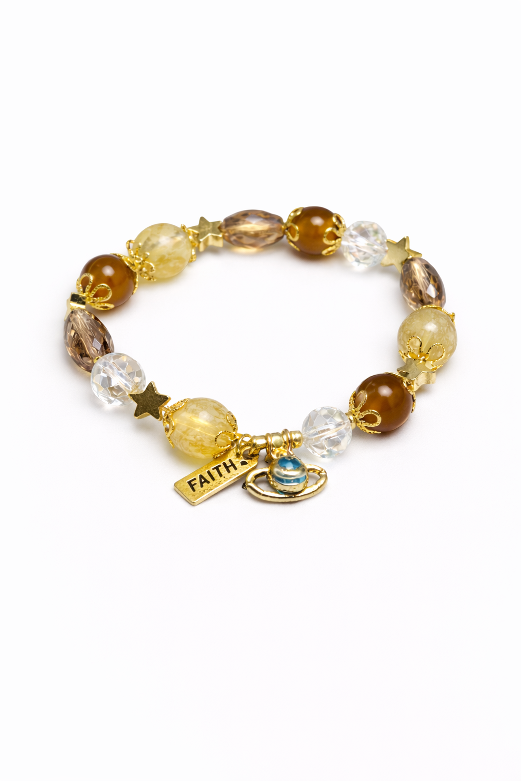 Beaded bracelet with 'FAITH' charm on a white background