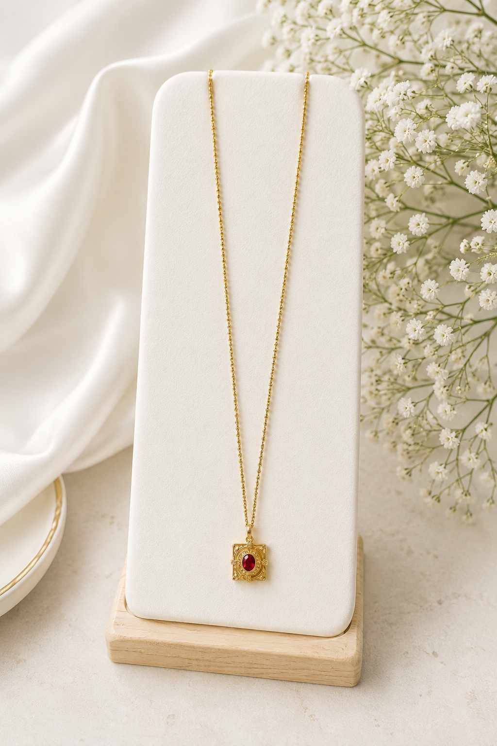 Gold necklace with a red gemstone on a white stand with a light background