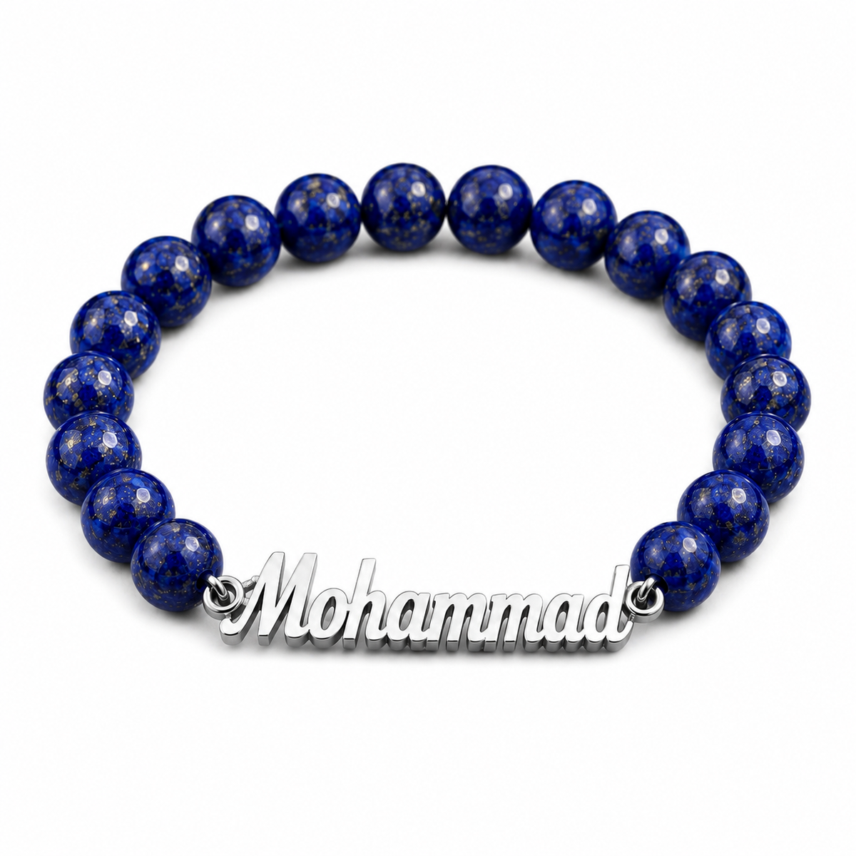 Blue beaded bracelet with a silver nameplate on a white background